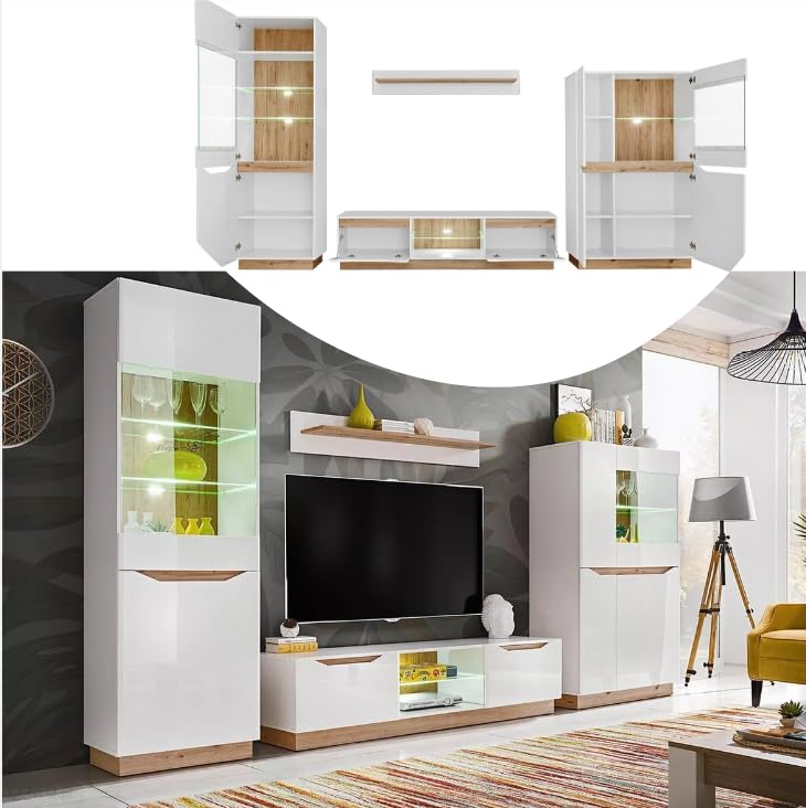 all4all Wohnwand Anbauwand Floro in Farbe Weiß+Eiche Artisan 10...