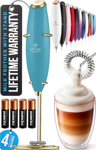 Image of Zulay Kitchen Powerful Milk Frother Wand With Duracell Batteries - Ultra Fast Handheld Drink Mixer - Electric Whisk Foam Maker for Coffee, Lattes, Cappuccino & Matcha - Z1 Motor - Lake Gold