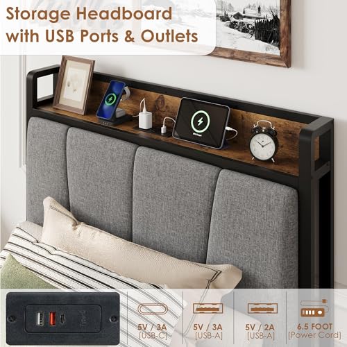Image of GAOMON Twin Size Bed Frame with 2 Storage Drawers and Charging Station, Rustic Linen Upholstered Platform Bedframe with Storage Headboard, Heavy Duty, No Box Spring Needed, Easy Assembly, Noise Free