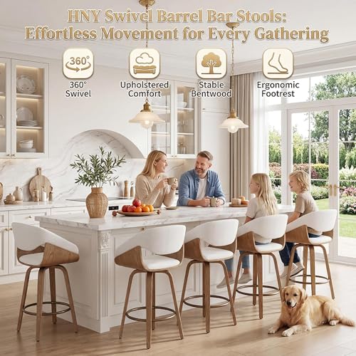 Image of 26'' Modern Barrel Swivel Counter Stools Counter Height Swivel Bar Stools with Backs Set of 6, White Linen Upholstered Bar Height stools, Farmhouse Solid Wood Barstools for Kitchen Island, Home Bar