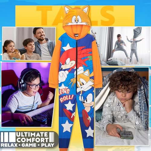 Sonic The Hedgehog One-Piece Pajamas for Boys, Fleece Jumpsuit with Hood, Tails, Zip Sleepwear, Loungewear, Gifts for Kids2