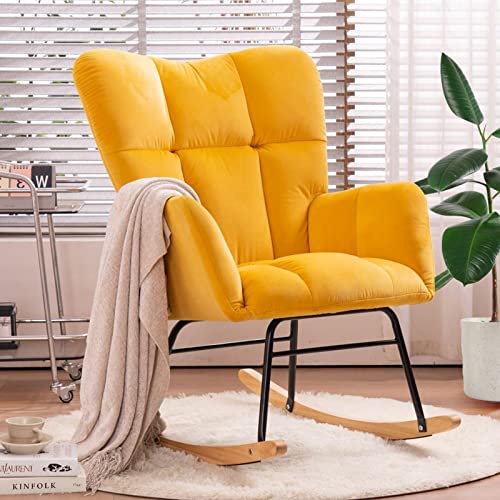 Image of NIOIIKIT Nursery Rocking Chair Velvet Upholstered Glider Rocker Rocking Accent Chair Padded Seat with High Backrest Armchair Comfy Side Chair for Living Room Bedroom Offices (Yellow Velvet)