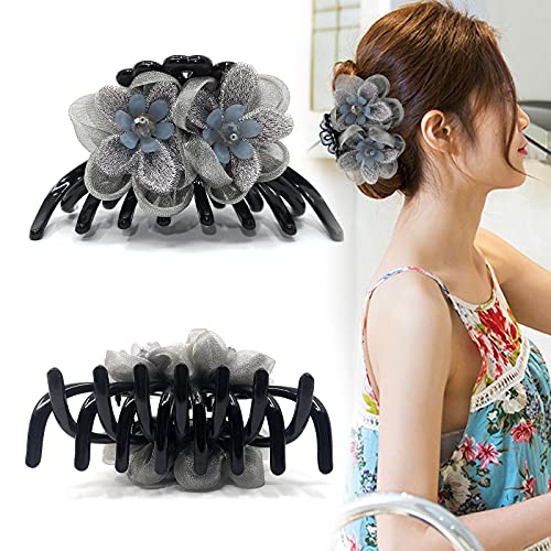 Big Hair Claw Banana Clips with Flower Strong Hold Hair Grip Nonslip Hairpins Hairgrip for Women and Girls Hair Barrettes For Thick Hair (Grey)