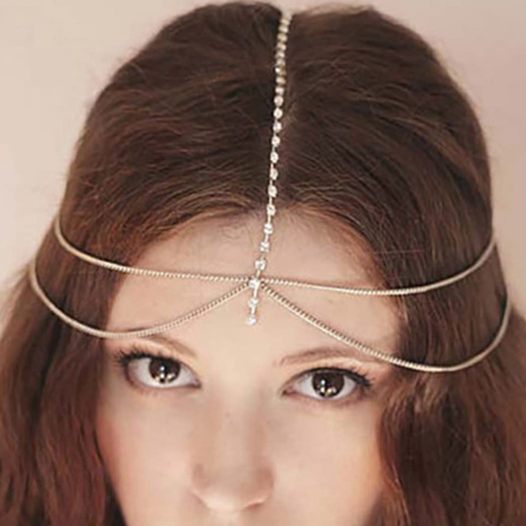 RunmiBridal Head Chain Crystal Hair Piece Silver Headpiece Festival Headband Bohomian Hair Jewerly Wedding Hair Accessories for Women and Girls