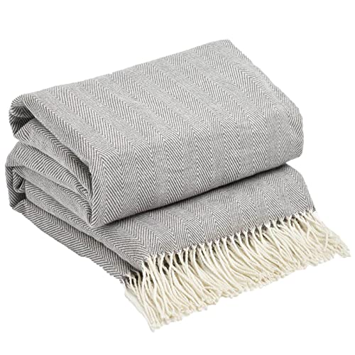 Highams Jeté de lit en Polaire à Chevrons en Tricot Doux à Franges pour Chaise, Grand canapé, lit, Gris Anthracite – 150 x 200 cm