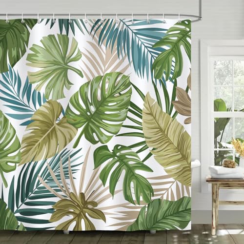 Bonhause Rideau de Douche Feuille de Palmier Tropical Vert Bleu Rideau de Bain Tissu Polyester Anti Moisissure Imperméable Lavable Rideau Salle de Bain 180 x 180 cm avec 12 Crochets pour Baignoire