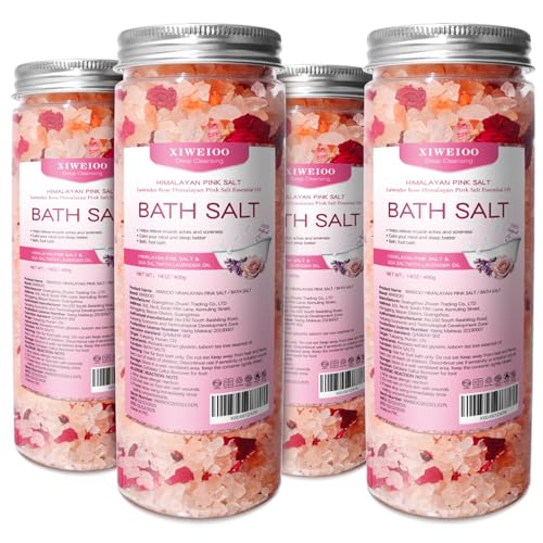 Bath Salts Set -56 oz, Pack of 4 Natural Epsom Salt for Soaking Rose Salts kit - Essential Oils Relaxes and Better Sleep Himalayan Pink Salt Foot Soak Tea Tree Oil for Women
