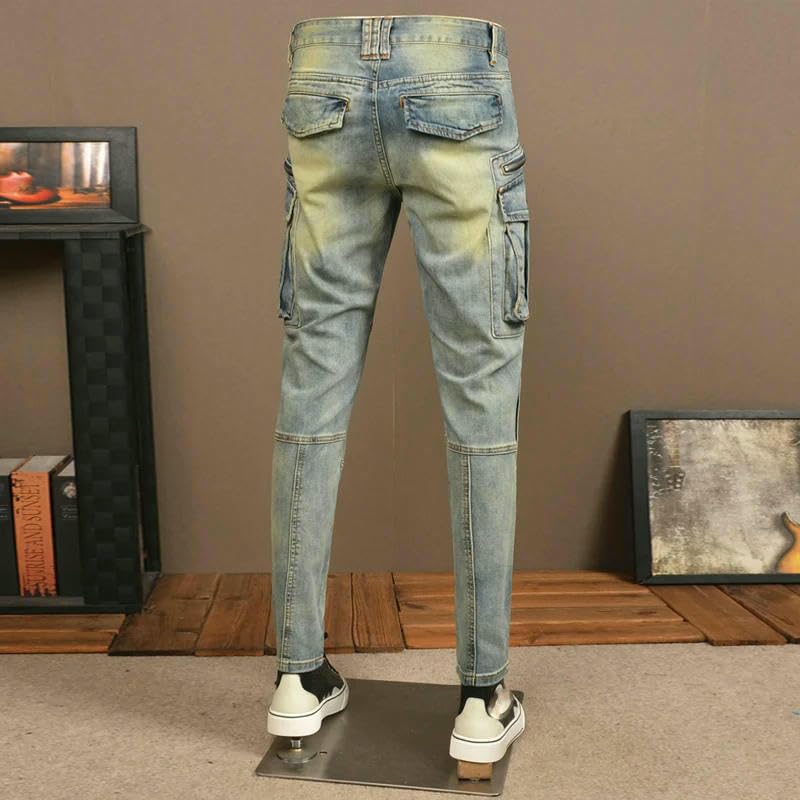 Street Mens Jeans Retro Washed Blue Stretch Slim Fit Spliced Biker Jeans Men Pocket Hip Hop Denim Cargo Pants3