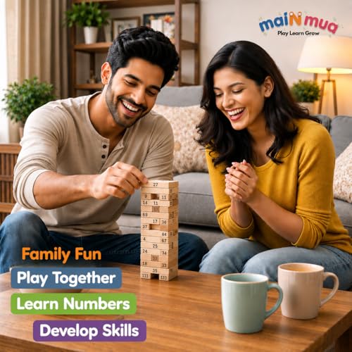 Image of Wooden Tumbling Tower Number Game Blocks Set 54 PCS- Mini Stacking tower for Indoor Stacking & Balancing Play,Building Block,Party Game,Brain Teaser-4 Dices (Medium with Premium Potli /Storage bag)