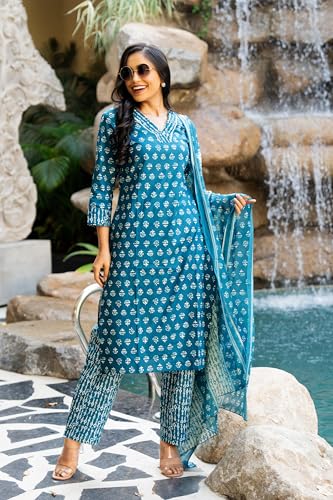Image of MIRCHI FASHION Women's Straight Fit Pure Cotton Floral Printed Kurta Set with Dupatta and Pant