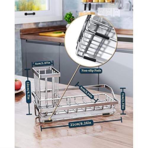 Image of BEHAHAI Sink Organiser, Stainless Steel, Wall Mount, with Brush Holder, Sponge Holder Cup, Drain Tray, Silver, for Kitchen and Washroom.