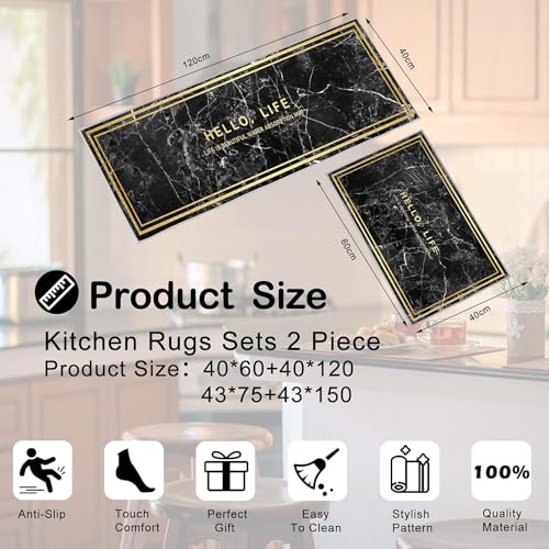 HSGLGNA Kitchen Rugs Runner Set of 2 Anti Fatigue Kitchen Floor Mat for Home Decoration Office Waterproof Non Slip Kitchen Rug Set Comfort Standing Mats (Black Marble - Image 3