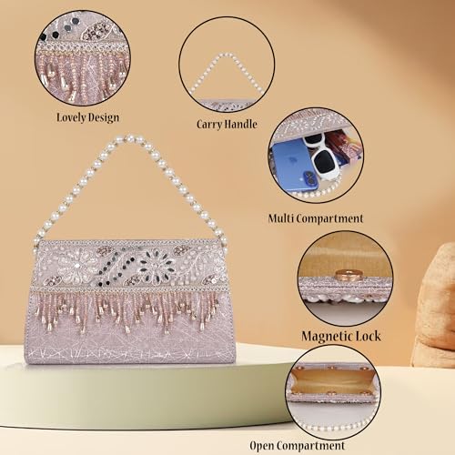 Image of Nevis Women's Embellished Clutch with Pearl Handle | Fancy Designe & Wedding Potli Bag for Festive & Evening
