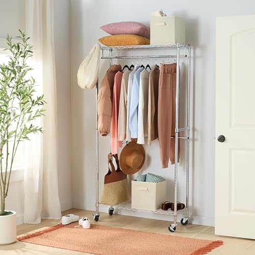 Image of Amazon Basics Adjustable Double Rod Rolling Garment Rack, Hanging Clothes Closet Organizer with Wheels, Heavy Duty, 36 inch x 14 inch x 72 inch, Black