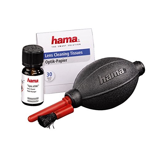 Hama Foto Reinigungsset 3-teilig 'Optik HTMC Dust Ex' (Blasebalg mit Pinselaufsatz, Optik-Reinigungsflüssigkeit mit Dosierpinsel, feines Optik-Papier, Reinigung von Spiegelreflex Kameras, Objektiven, etc.)
