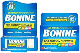 Bonine Motion Sickness Relief Tablets - With 25mg of Meclizine, Non-Drowsy Formula, Raspberry Flavor, 2 Piece Assortment of 16ct Plus 12ct Chewable Tablets