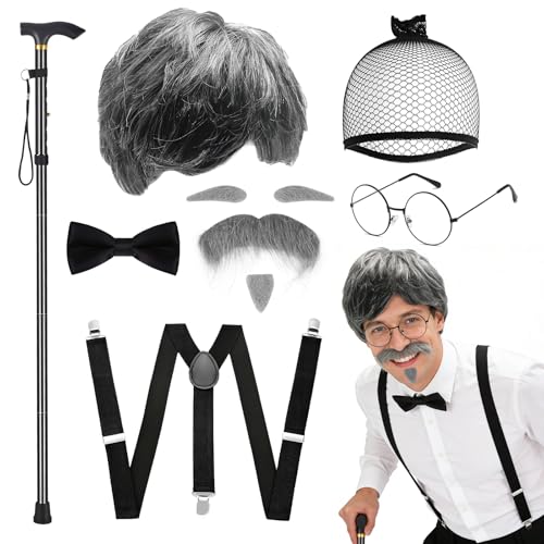 10 Stück Opa Kostüm Set Großvater Verkleidung mit Grauer Perücke Bart Augenbrauen Brille Aufblasbarem Spazierstock Schleife Haarnetz - Rentner Kostüm für Karneval Halloween Cosplay Party