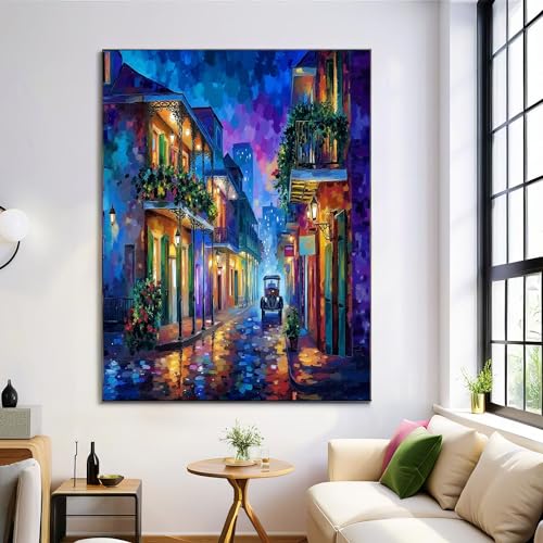 HASLEFND Cuadro Decorativo de Pared Escena Nocturna Pintada Al Óleo, Tranvías, Azul-Púrpura Estetico para Dormitorio Baño Salon Impresiones en Lienzo 40 x 50 cm
