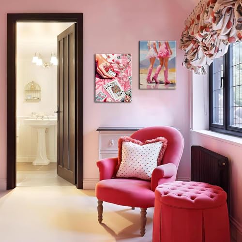 Image of Framed Pink Preppy Wall Art Set of 3, Cowgirl Boots Cherry Cocktail Pictures Wall Decor, Trendy Poker Paintings Canvas Prints Girly Aesthetic Home Decor for Living Room Bedroom Dorm Bar 12x16 inch