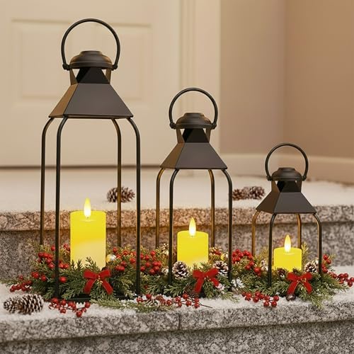 Decorative Metal Lanterns Indoor Outdoor, Candle Holder for Porch, Patio, Fireplace, Floor, Wedding, Christmas, Fall, Holiday, Farmhouse Table Centerpiece (Black, Set of 3 20' 15.7' 12')