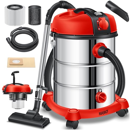 Masko® Aspirador Industrial, Aspirador en seco y húmedo, Acero Inoxidable 2300W + Enchufe función de soplado Aspirador en seco y húmedo | Aspirador Industrial con y sin Bolsa, Rojo