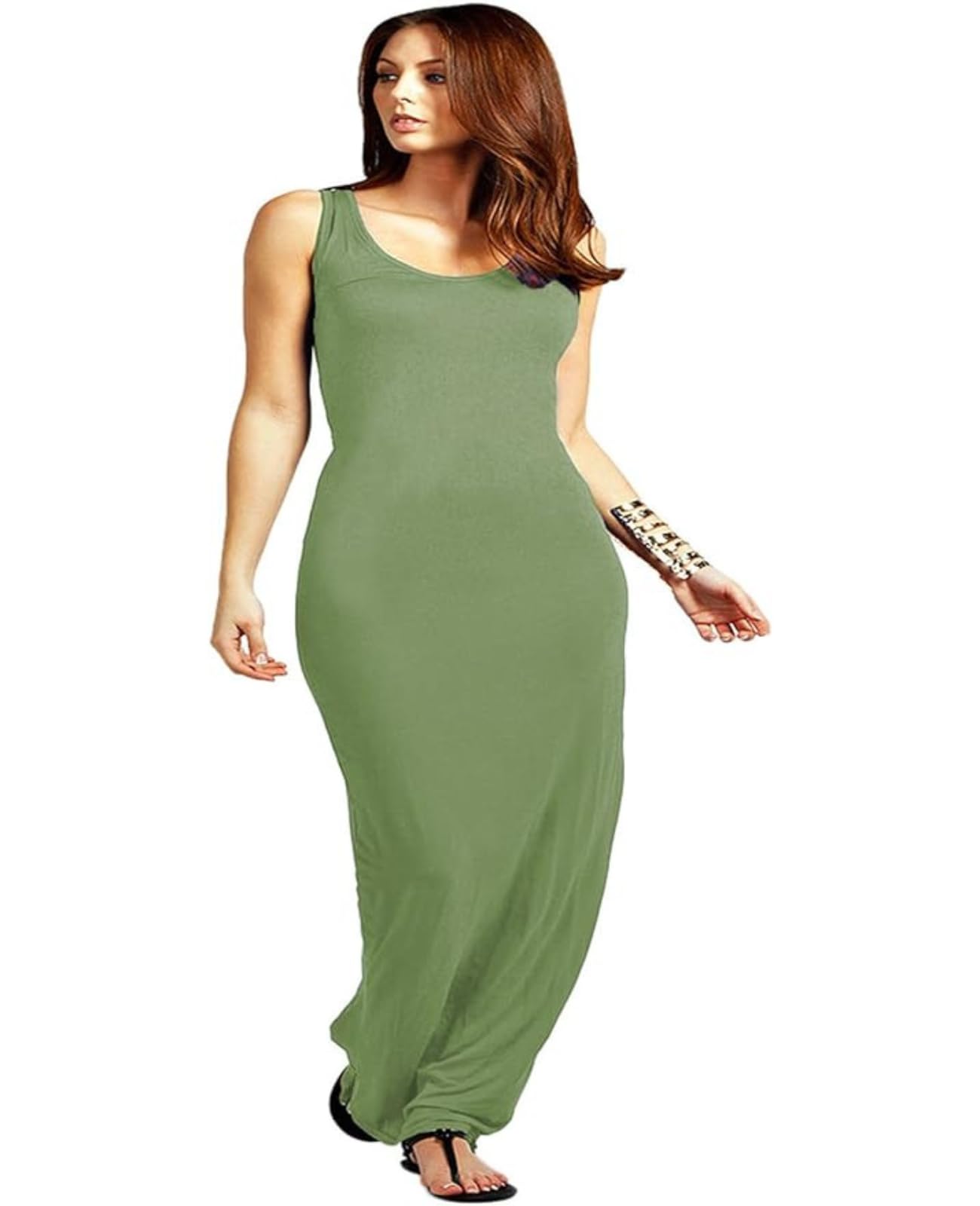 Womens Ladies Sleeveless Long Vest Jersey Racer Back Stretch Bodycon Maxi Dress (L/XL (16-18), Khaki)