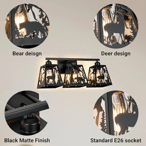 Image of Rustic Bathroom Light Fixtures with Deer Bear,3-Light Metal Shade | Farmhouse rustic style, Deer Bear Design,Openwork Engraved,Wall Light for Bathroom, Hallway, Kitchen, Porch,Study