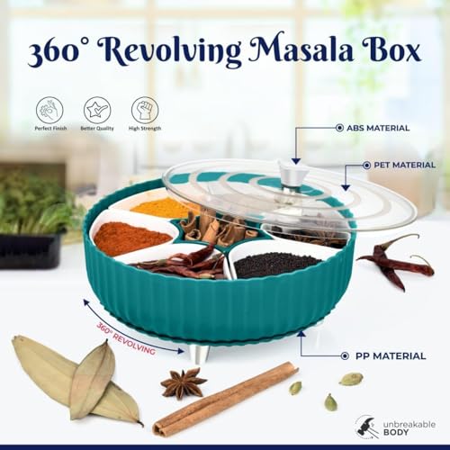 Image of KEATON 360 Rotating Masala Box for Kitchen | 7 Section Spice Container | Rangoli Dabba | Transparent Lid | BPA Free | Green