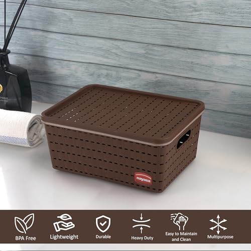Image of Nayasa Gloria Basket for Storage | Vegetable & Fruit Basket | Storage Box and Organiser Plastic Basket With Lid | Multipurpose Kitchen Organizer Rack | Medium - Set of 3 | DarkBrown