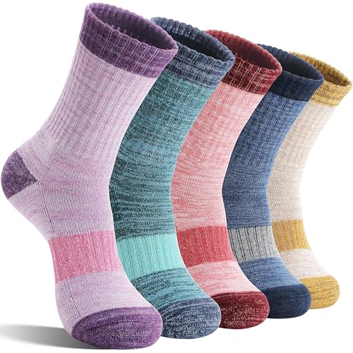 SAVALOS Merino Wool Hiking Socks for Women Thermal Warm Winter Cozy Work Crew Gifts Socks 5 Pairs Stocking Stuffers (Assorted A,M)