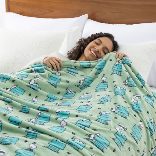 Image of Berkshire Peanuts VelvetLoft Cute Character Snoopy Plush Blanket,Regular Snoopy Dog House Poses & Paws Closed in Sage,Full /Queen 90 in x 90 in (Official Peanuts Product)