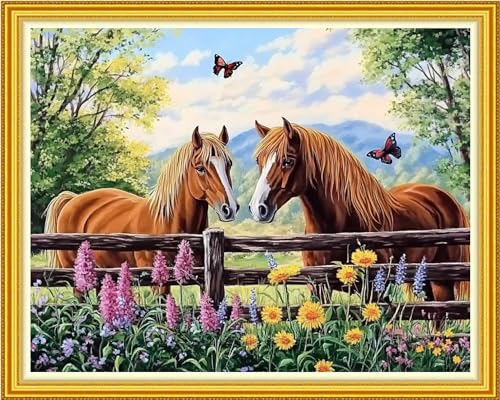 Image of Fanxvivy Stamped Cross Stitch Kits for Beginners Full Range of Cross Stitching Preprinted Embroidery Kits for Adults, 11CT Embroidery Pattern Needlepoint Kits-Couple Horse 16x20 inch