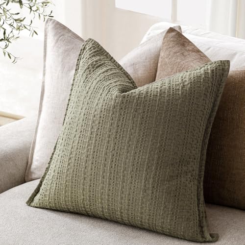 Image of Foindtower Set of 2 Decorative Cotton Waffle Weave Throw Pillow Covers Euro Shams Cushion Covers Accent European Pillowcase for Bed Couch Sofa Bedroom Living Room Home Decor 22x22 Inch Olive Green