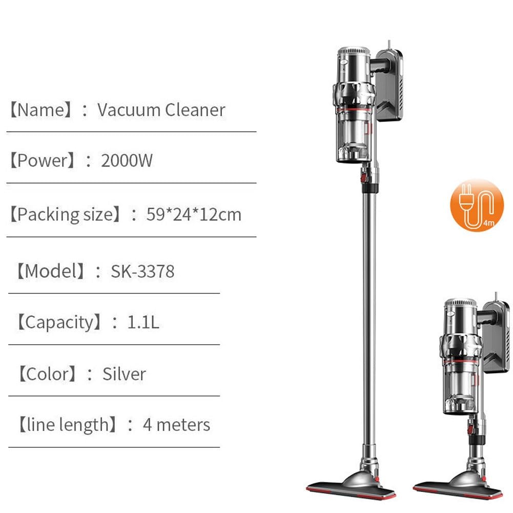 Odkurzacz pionowy bezworkowy, przewodowy odkurzacz pionowy o mocy 2000 W, pojemnik na kurz o pojemności 1,1 l, 5 skutecznych filtrów, regulowana wysokość, do zasłon, sof, podłóg drewnianych
