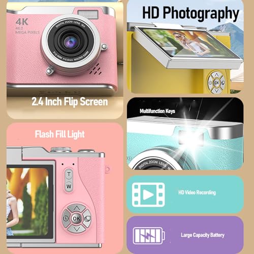 1080P Digital Camera, 8X Zoom Video Camcorder with 2.4 Inch HD Flip Screen, 48MP Portable Versatile Travel Video Camera with Fill Light for Photography (Roseate)