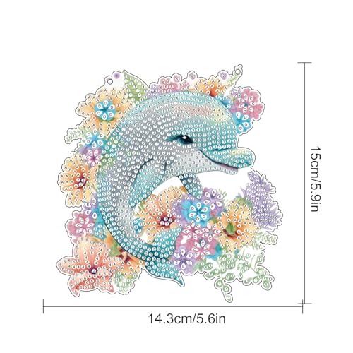 Image of AiYuanzsh Dolphin and Flowers Diamond Painting Hanging Kit - DIY Acrylic Pendant with 5D Special Shaped Rhinestones, Diamond Art Decorative Art Board for Wall, Door or Garden, Handmade Gift