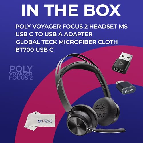 Image of Poly Plantronics Voyager Focus 2 MS, Stereo Bluetooth Headset, USB-C for Teams, Connects to Laptop and Smartphone - Works with Zoom, RingCentral, 8x8, Vonage - w /USB C /A Adapter and GTW Cloth