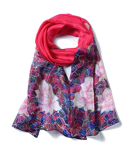 Invisible World Foulard Seta da Donna 100% con Rosa y Fiori Lunga Dipinta a Mano per Collo, Testa o Capelli - Lampone