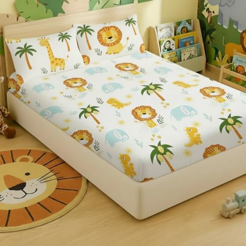 Image of Filymore Cute Lion Double Bed Sheet for Queen Size Bed with 2 Pillow Covers for Kids Bedroom 240 TC Made with Pure Microfiber, Color Blue and Yellow (90x90 inches)