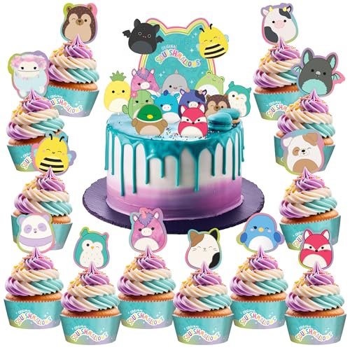 Treasures Gifted Officially Licensed Squishmallows Party Supplies - 1 Cake Topper & 24 Cupcake Toppers & Wrappers - Squishmallows Birthday Decorations
