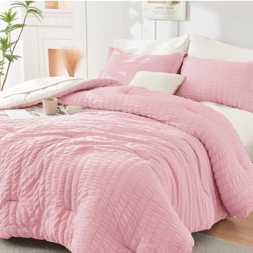 Image of HYMOKEGE Pink /Ivory King Size Comforter Set Seersucker 7 Pieces, All Season Luxury Bed in a Bag for Bedroom, Bedding Set with Comforter, Sheets, Pillowcases & Shams
