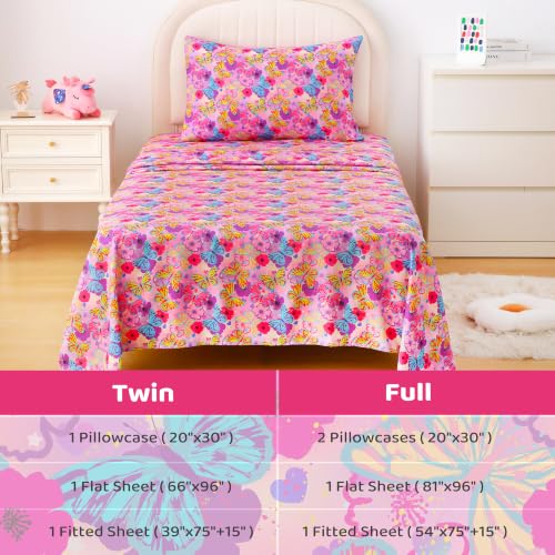 Image of Viviland 3 Pieces Girls Butterfly Twin Sheet Set - Soft Microfiber Fitted Flat Sheets & Pillowcase Bed Sheet Set - Pink Butterfly Bedding Sets for Kids
