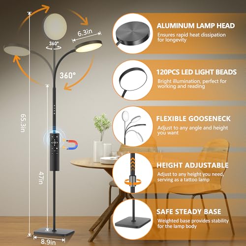 Image of PACOVY Floor Lamp, Adjustable Height Floor Lamps for Living Room Bedroom, 120 LED Super Bright Standing Lamp Remote Control Dimmable Gooseneck Tall Stand Reading Lamp for Office Craft, Black-RGB