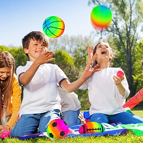 4 Pack Rainbow Sports Balls Set 6 Inch Inflatable Vinyl Balls With Added Hand Air Pump, Neon Basketball, Soccer Ball, Volleyball And Football For Kids And Toddlers Playground Indoor And Outdoor Use #TOP2