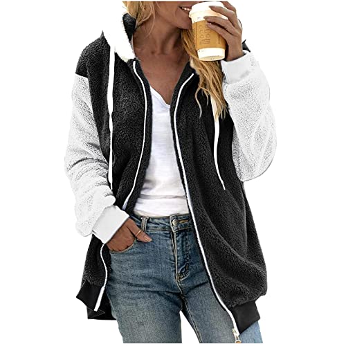 Fuzzy Fleece Jackets for Women Plus Size Hoodies Fall Winter Coats Color Block Patchwork Cardigan Coat with Pockets