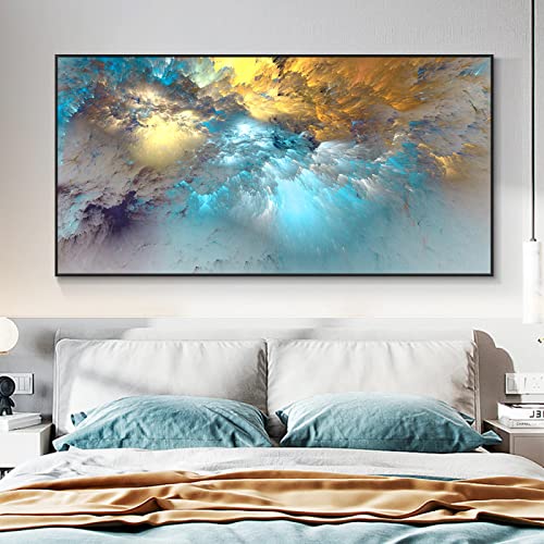 Toile art abstrait or et bleu nuage KEBIA poster mural salon 40x80 cm