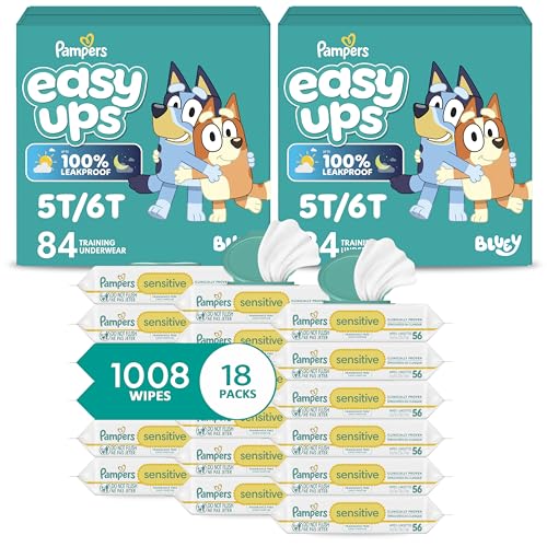 Image of Pampers Easy Ups Pull On Training Underwear Boys, 5T-6T, 2 Month Supply (2 x 84 Count) with Sensitive Water Based Baby Wipes 12X Multi Pack Pop-Top and Refill (1008 Count)