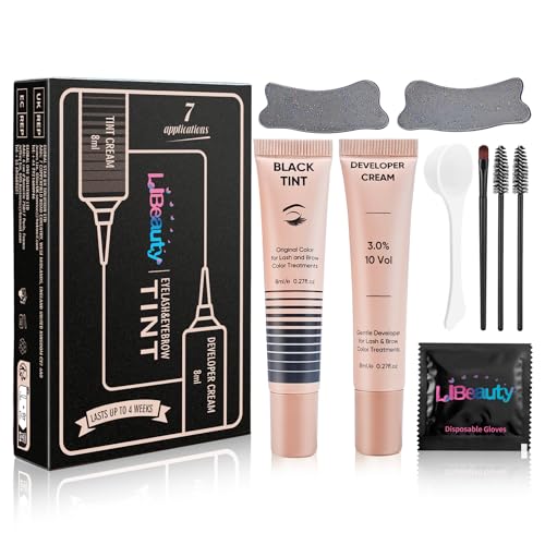 Libeauty Teinture Cils Noir – Kit 2-en-1 Teinture Sourcils avec Crème Colorante 8 ml et Patchs Réutilisables pour Coloration Cils et Sourcils à Domicile