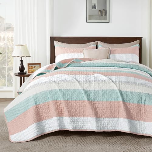 Andency Queen Quilt Bedding Set Pink Green, 3 Pieces Patchwork