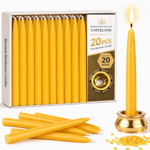 Beeswax Meditation Candles, 20 Minute Mini Taper Candles with Candle Holder